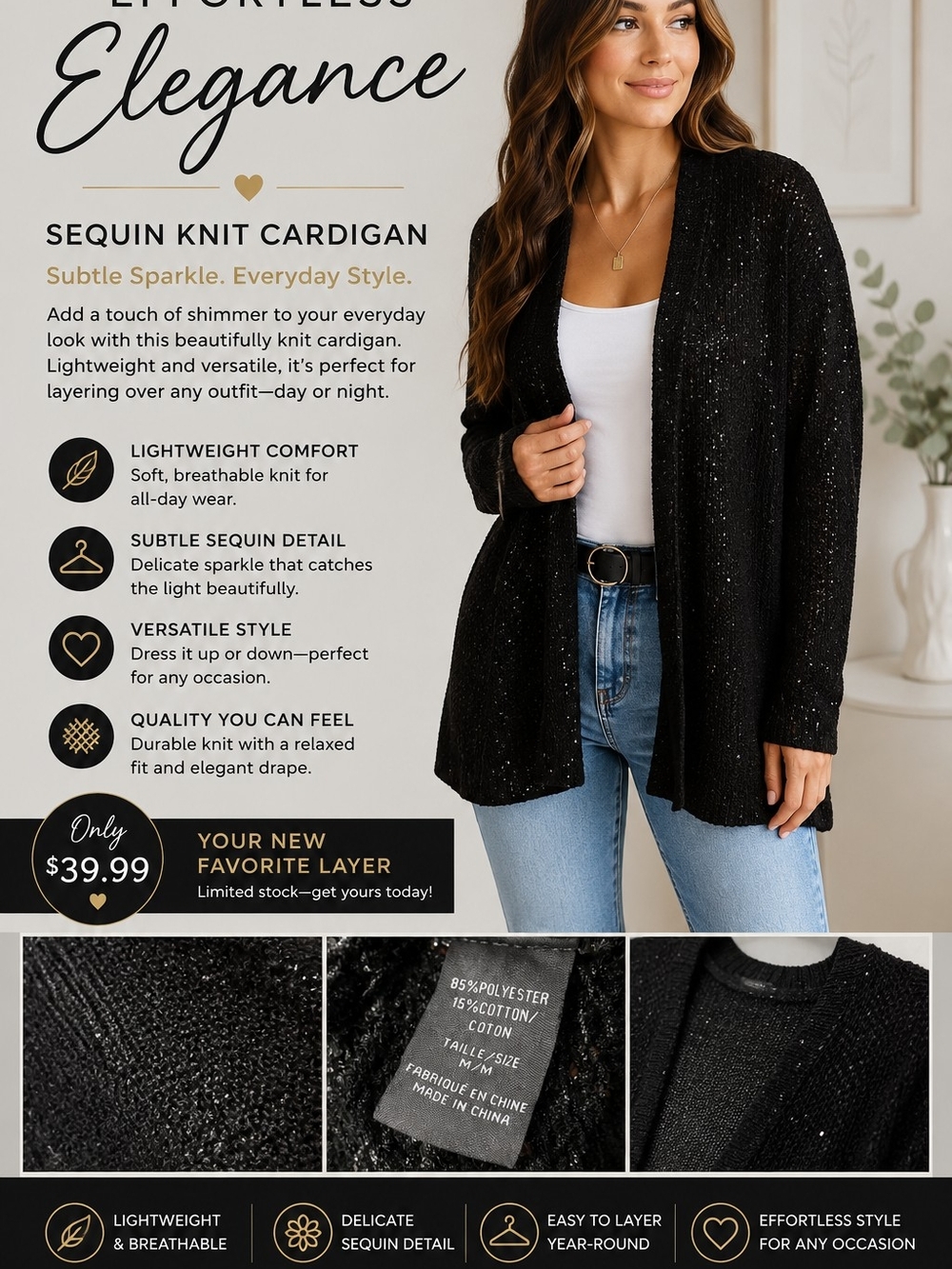 Sequin Knit Cardigan - Black